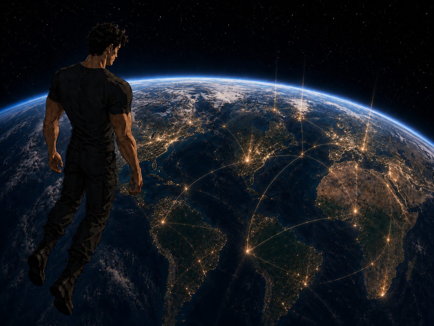 Nexoran above Earth in black tactical gear